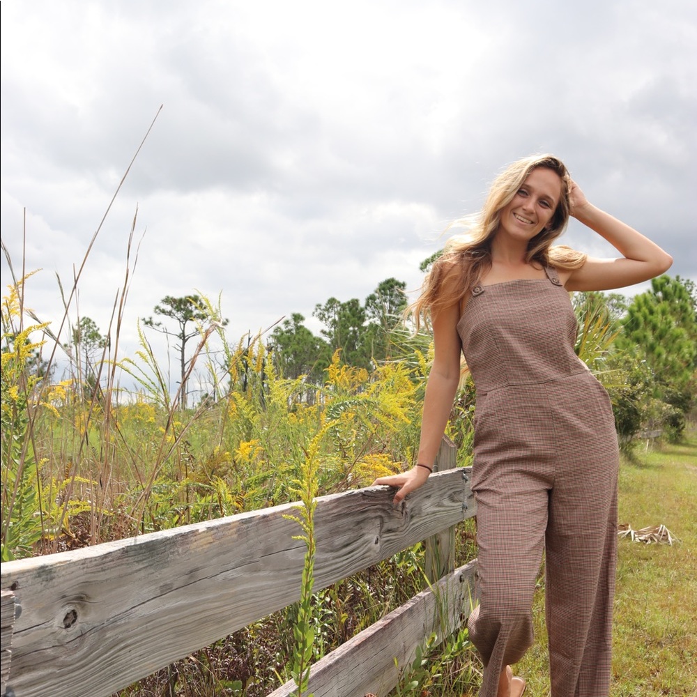 Beige, red and brown plaid jumpsuit